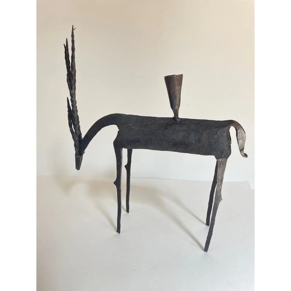 Vintage Brutalist Wrought Iron Gazelle Antelope Candle Holder Folk Art Sculpture